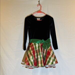 Black and Plaid Holiday Dress with Green Bow